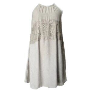 ALYA Womens Beige & Lace Fit & Flare Embroidered Fringe Halter Dress Size Small